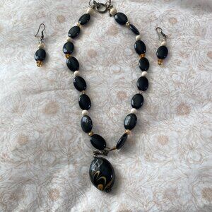 Vintage Napier | Black & Ivory Oval Stone & Acrylic Beaded Necklace & Earrings